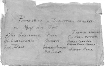 Envelope that held official photos of Blenheim Crash